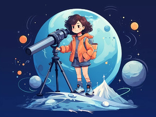 卡通扁平紫色插画学生手拿望远镜学习天文知识概念